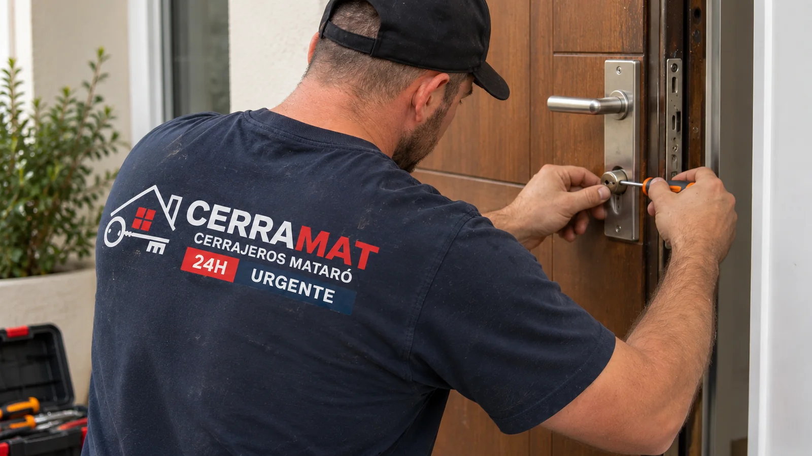 Cerrajero instalando una cerradura en una puerta de vivienda en Mataró