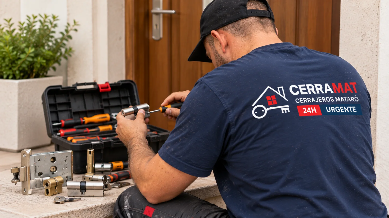 Cerrajero Mataró trabajando con bombines, cerraduras y caja de herramientas