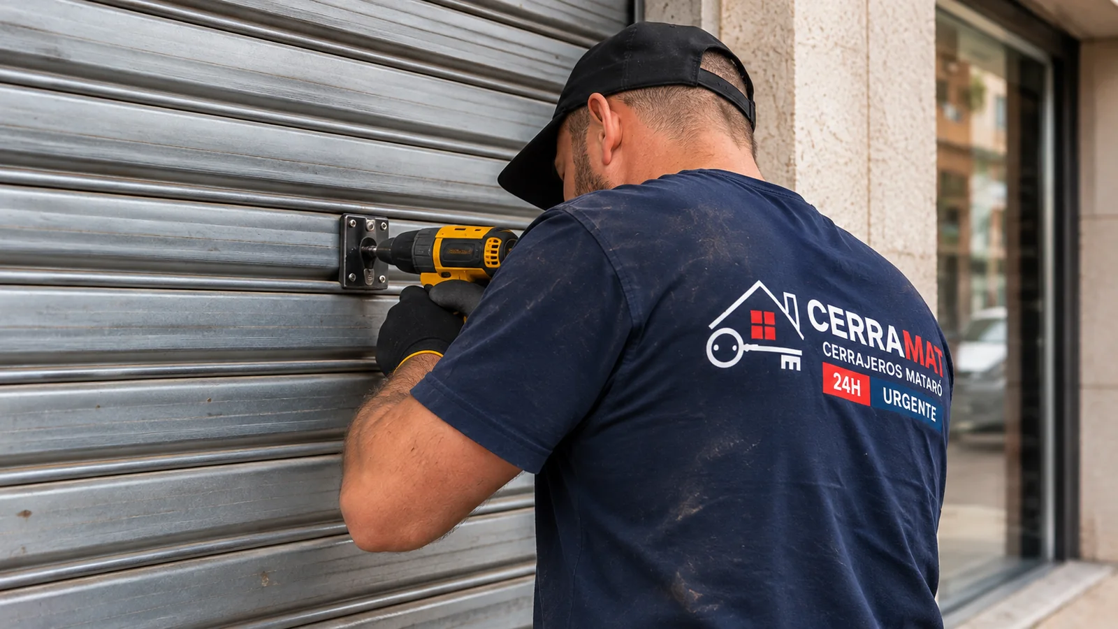 Cerrajero Mataró ajustando el cierre de una persiana metálica